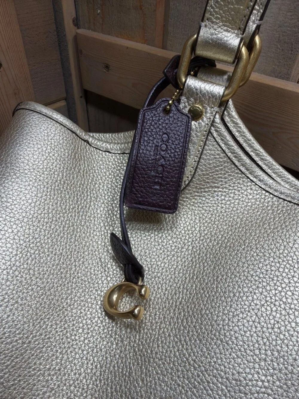 Coach Metallic Gold Pebbled Leather Open Tote Shoulder Bag Womens Charm Purse